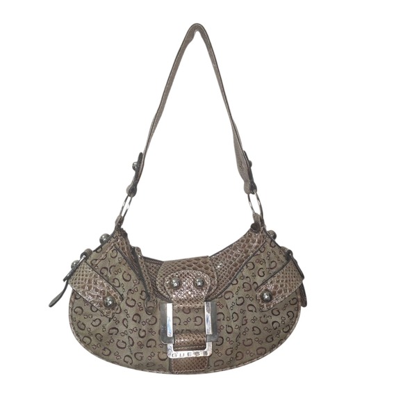 Guess Y2K Monogram Shoulder Bag Brown Croc Embossed Medium Hobo Purse - Picture 1 of 12